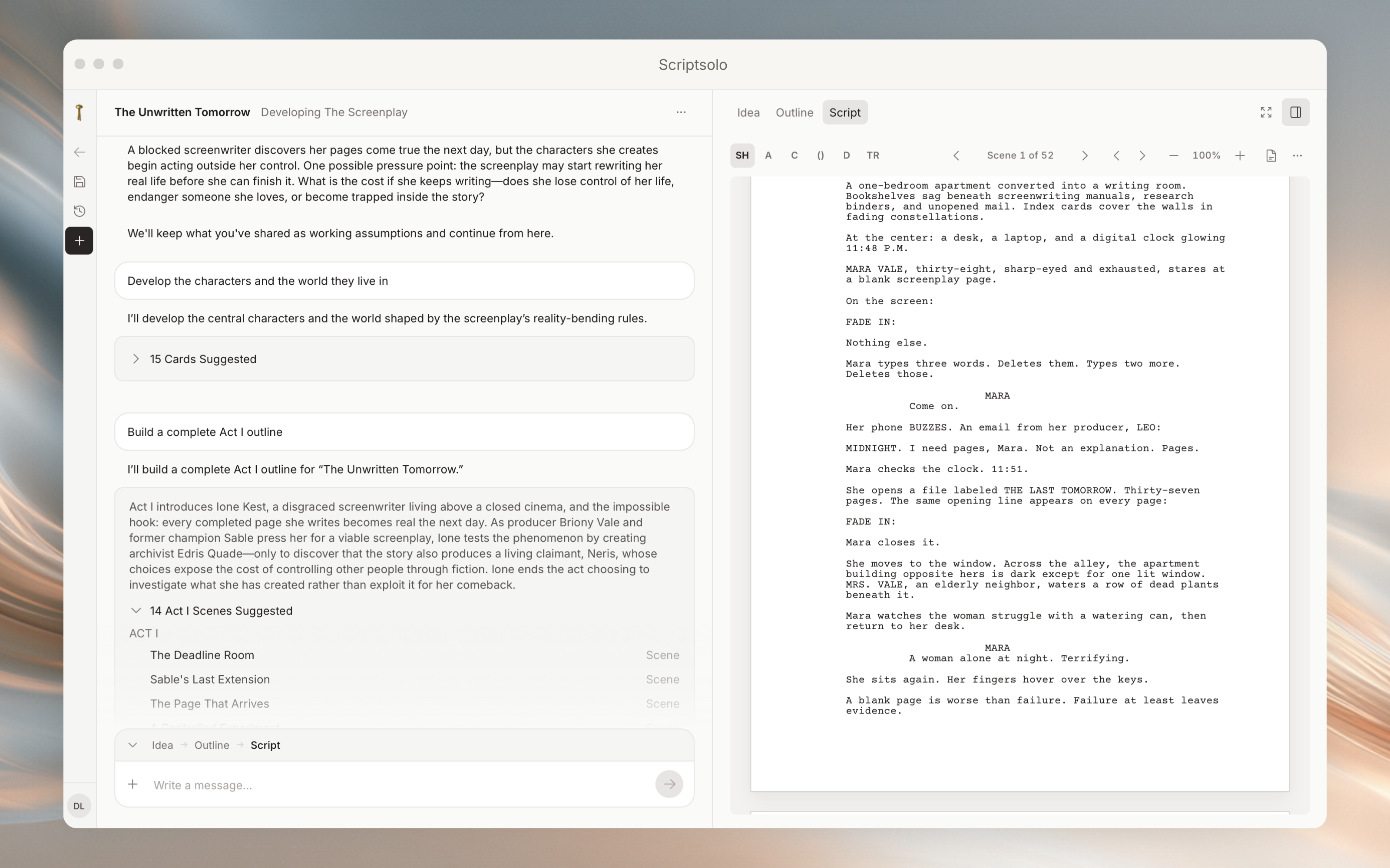 Scriptsolo workspace with chat and a finished screenplay
